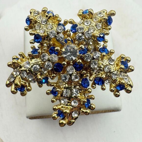 Scaasi Signed Large Sparkling Crystal Starfish Ring Size 5.5 Blue Gold Cocktail - Picture 1 of 16